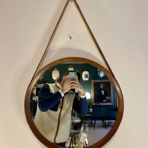 Miroir rond vintage cuir et teck