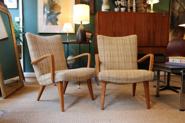 Paire de fauteuils vintage en pin et tissu chiné beige – Image 8