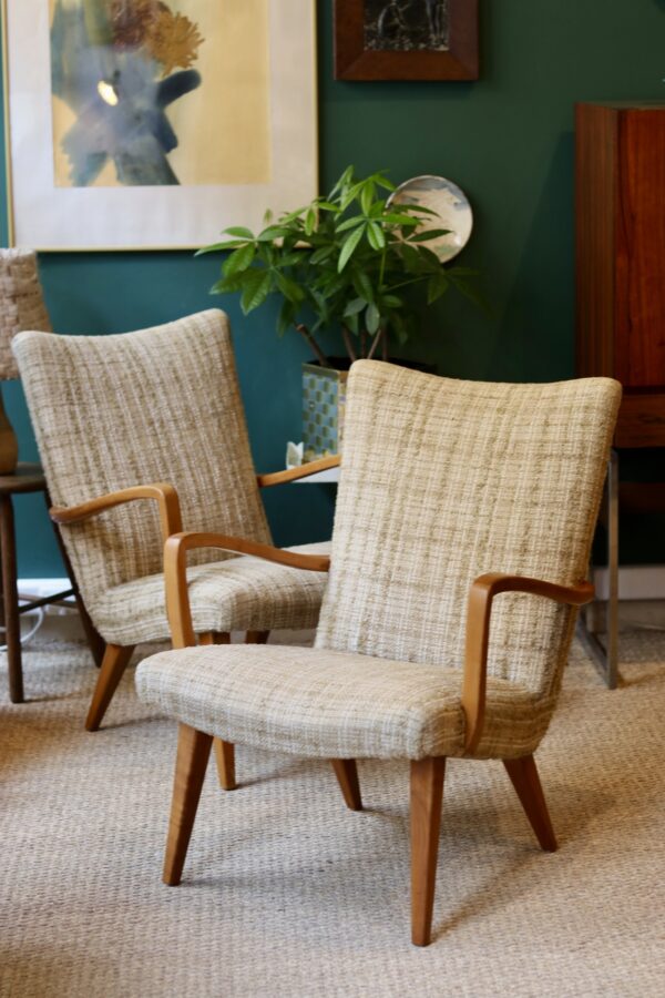Paire de fauteuils vintage en pin et tissu chiné beige – Image 9