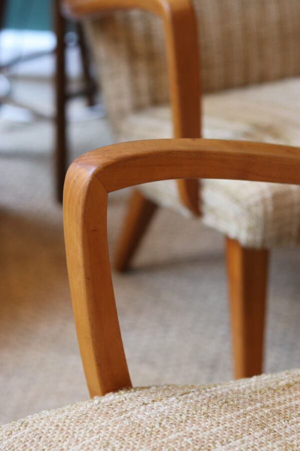 Paire de fauteuils vintage en pin et tissu chiné beige – Image 10