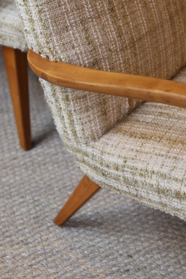 Paire de fauteuils vintage en pin et tissu chiné beige – Image 6
