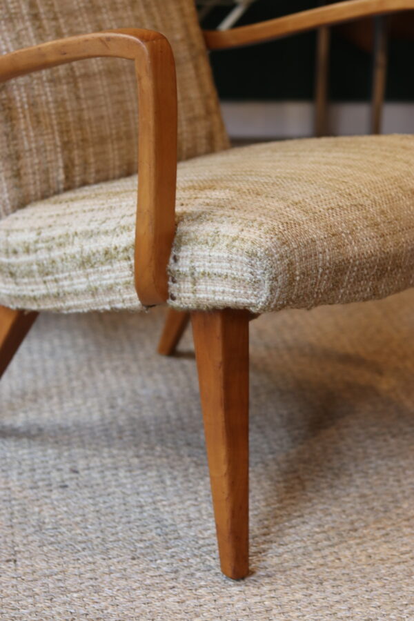 Paire de fauteuils vintage en pin et tissu chiné beige – Image 5