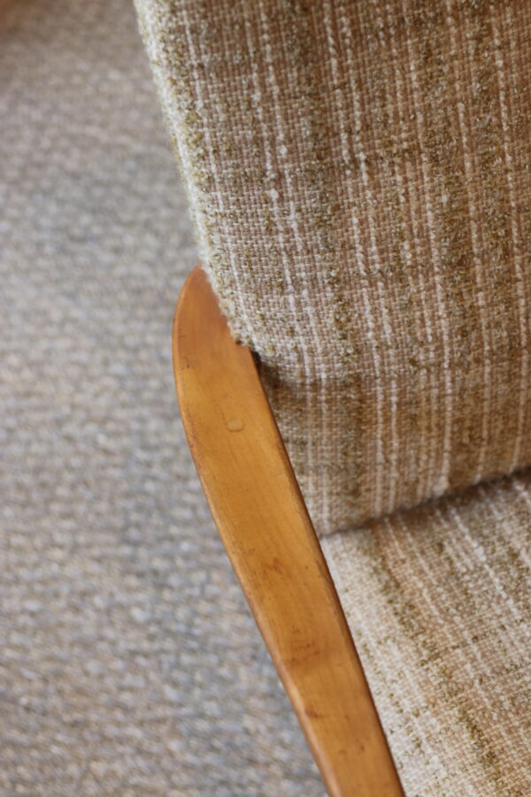 Paire de fauteuils vintage en pin et tissu chiné beige – Image 4