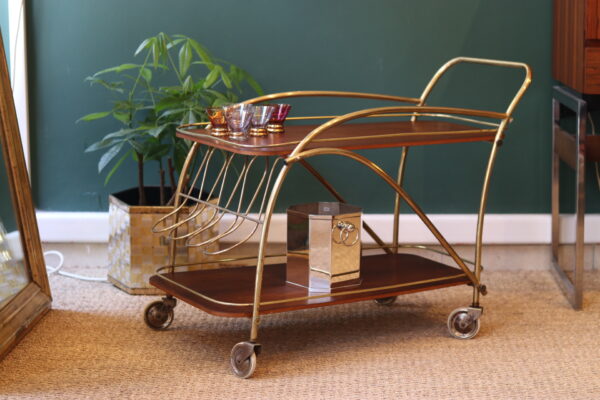 Desserte roulante vintage en laiton et teck – années 50 – Image 4
