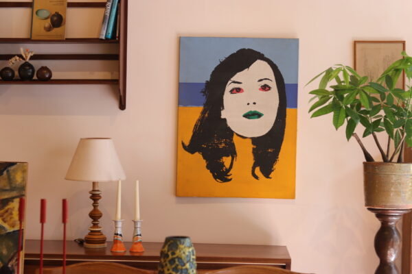 Portrait féminin, technique mixte (acrylique & sérigraphie), vers 1970. Style pop art inspiré d’Andy Warhol