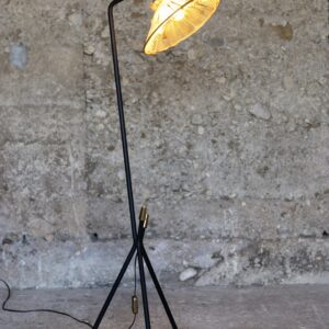 Lampadaire tripode 1950, abat-jour en soie