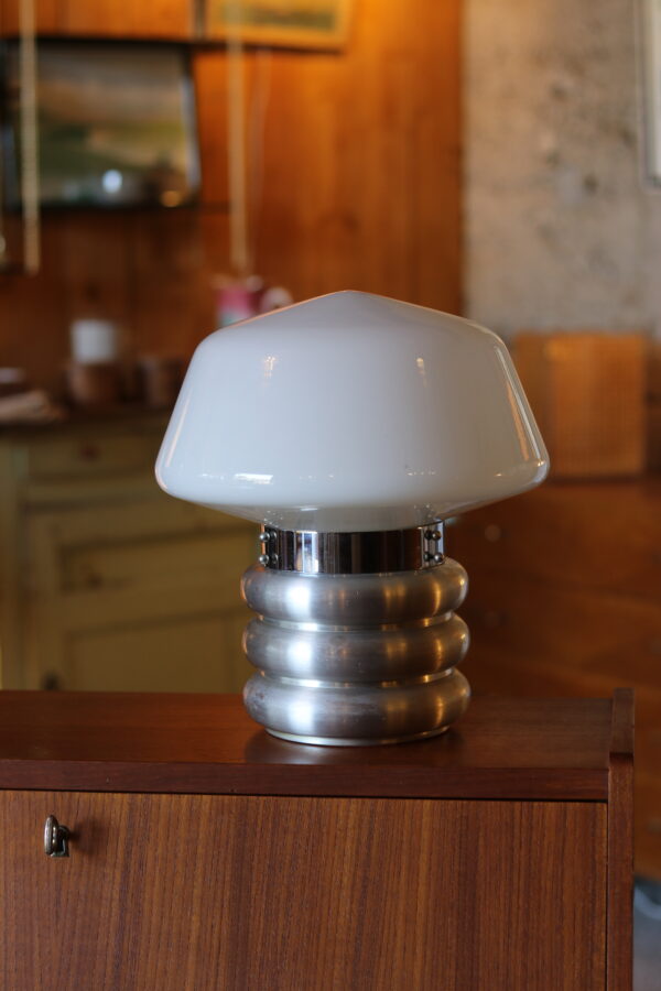 Lampe Space Âge en métal brossé et verre opalin blanc, années 1960/70