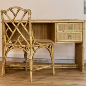 Bureau vintage signée Dal Vera (Italie, années 70) en bambou & rotin