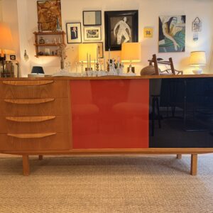 Enfilade mid-century années 60 en bois et verre coloré