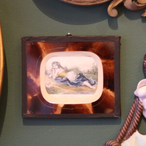 Gravure miniature rehaussée à l’aquarelle Le Printemps, fin XIXe, femme allongée