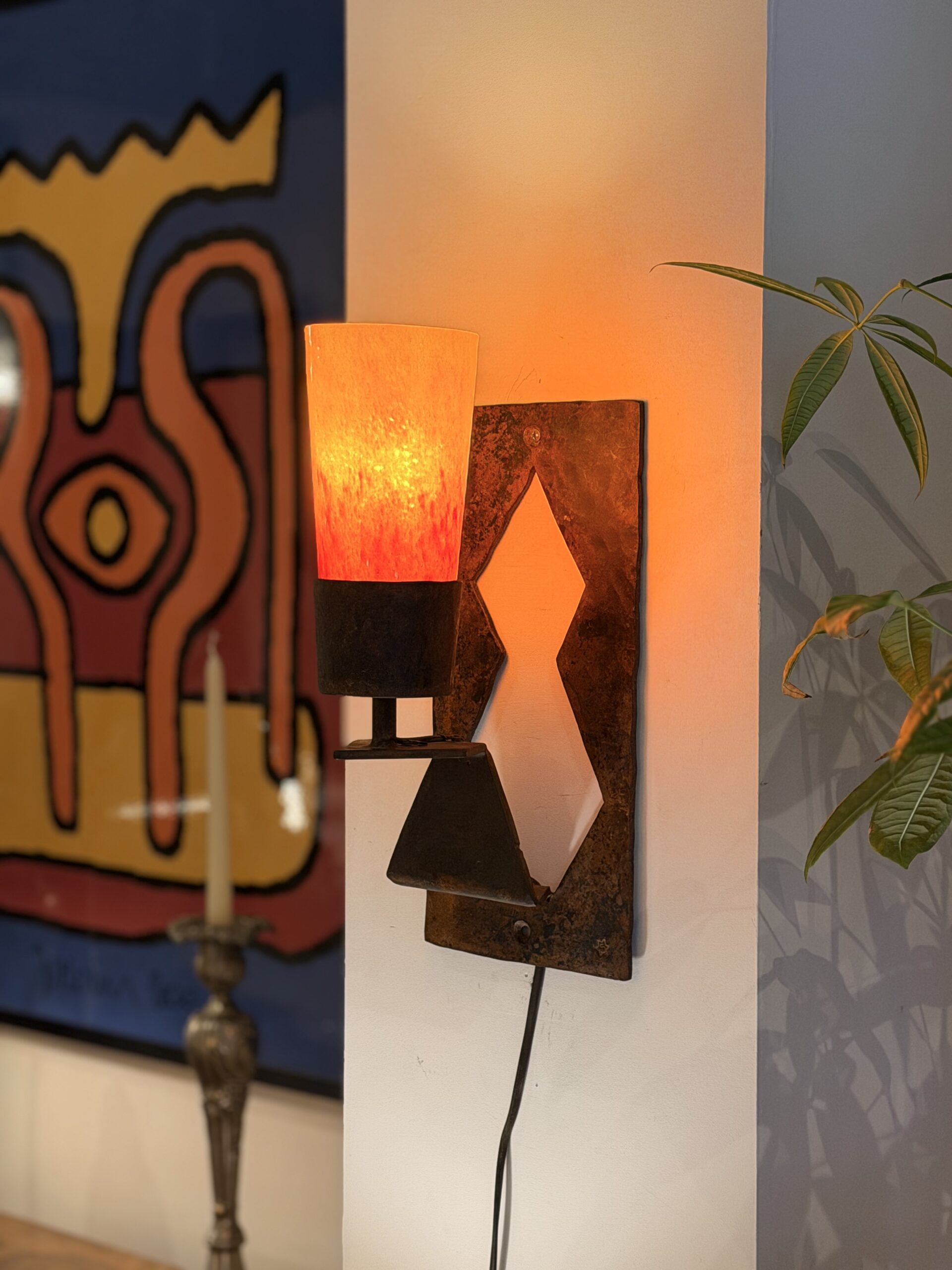 Applique brutaliste en métal, années 60, bobèche en cristal