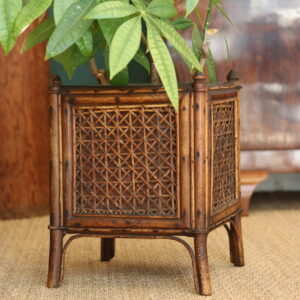 Jardinière ancienne en bambou et rotin avec bac en zinc d’origine