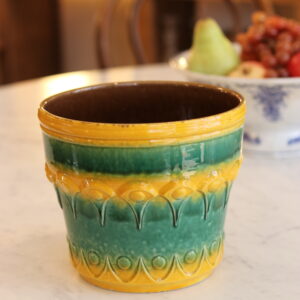 Cache-pot West Germany en faïence émaillée verte et jaune