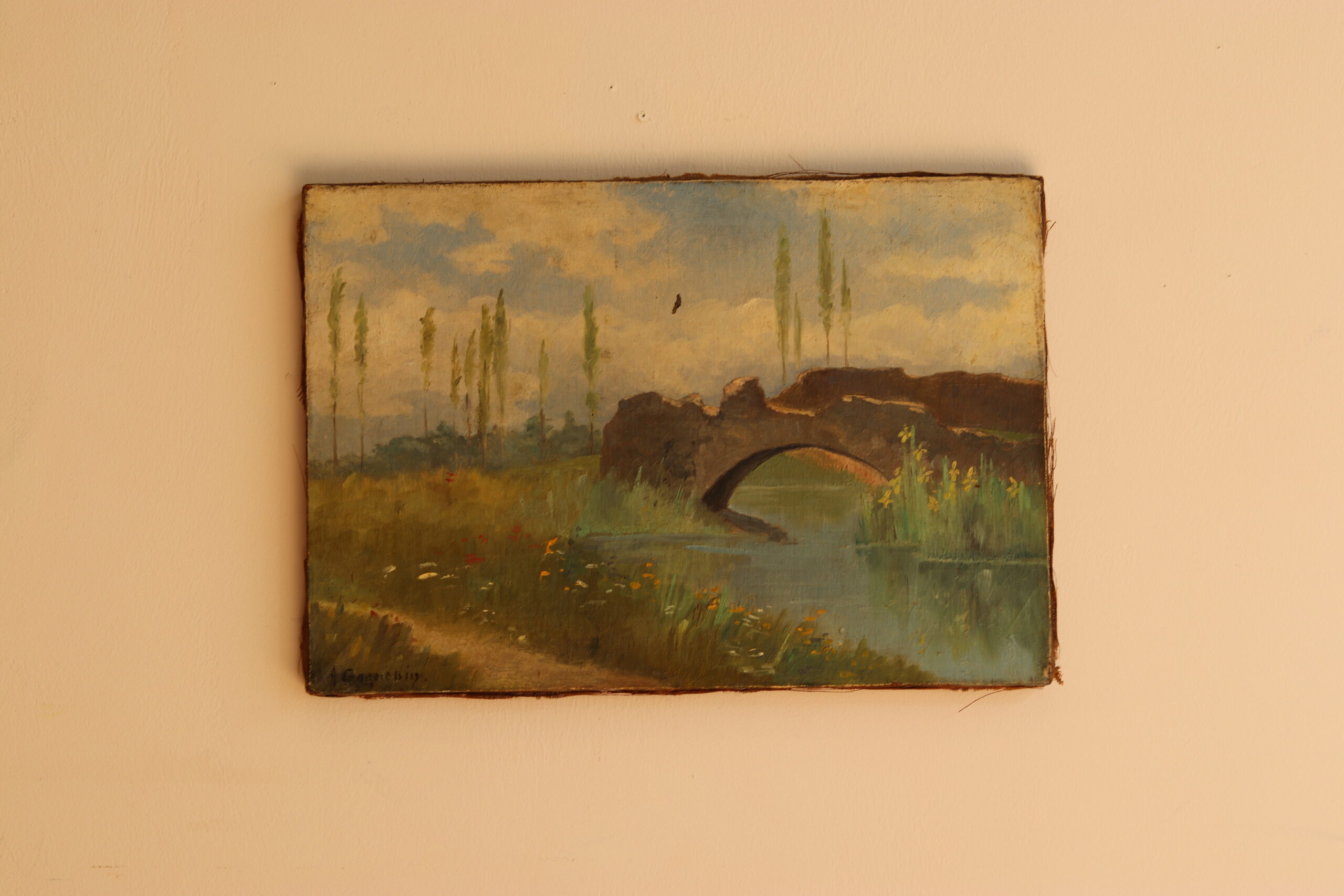 Huile sur toile – Paysage au pont en ruine, début XXe siècle
