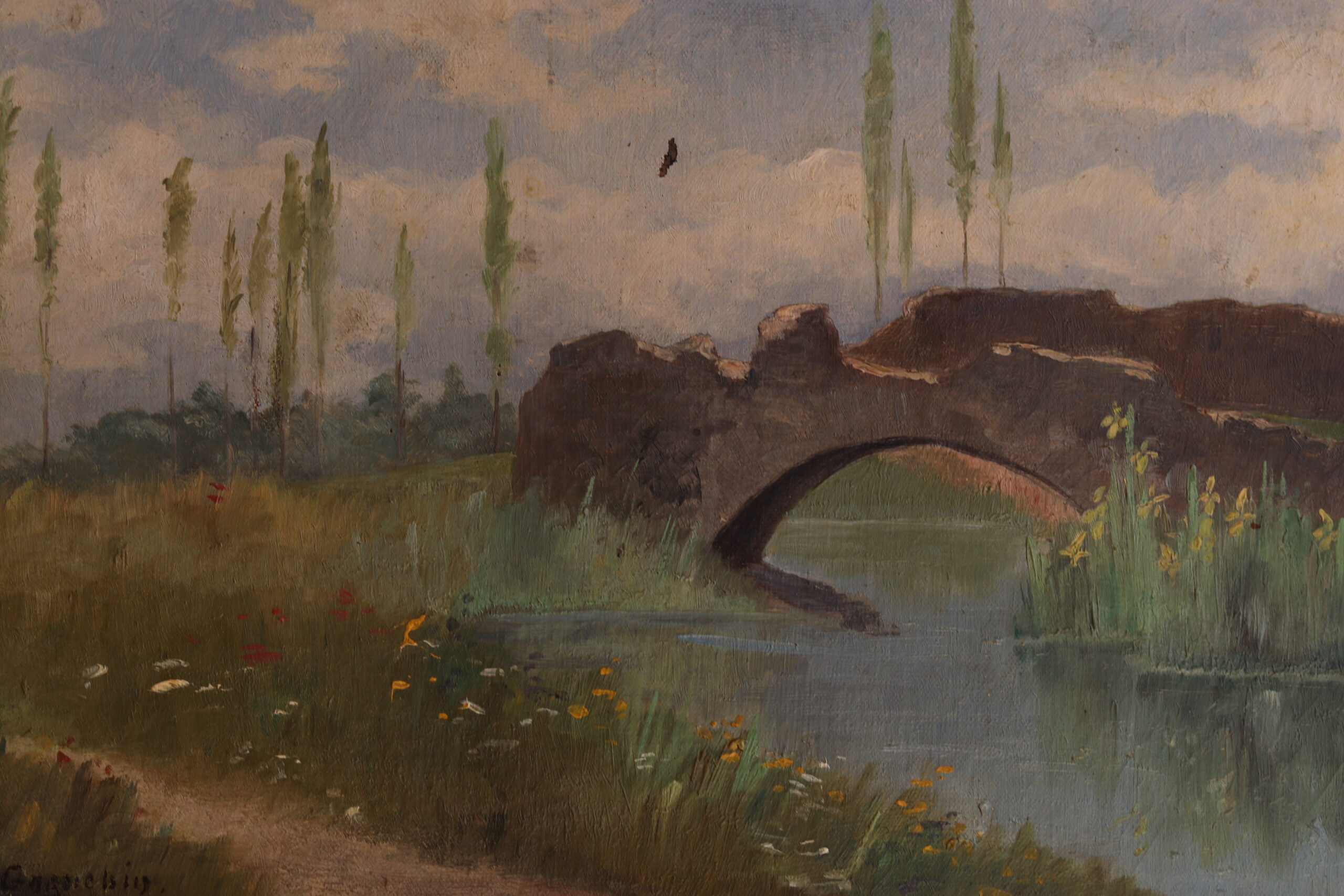 Huile sur toile – Paysage au pont en ruine, début XXe siècle – Image 5