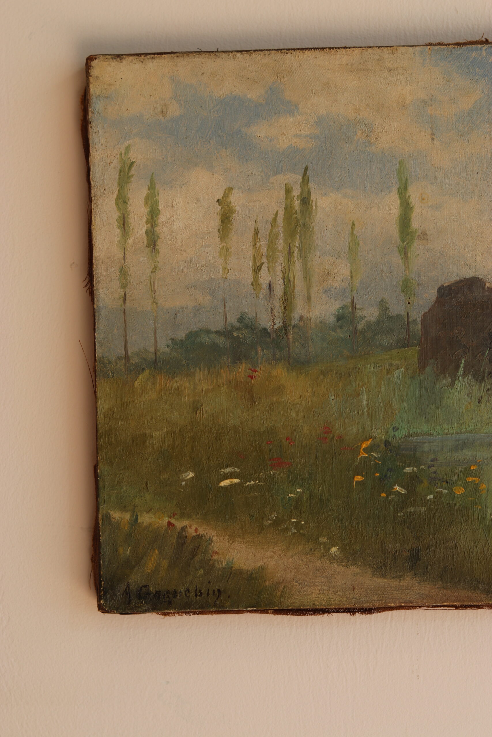 Huile sur toile – Paysage au pont en ruine, début XXe siècle – Image 4
