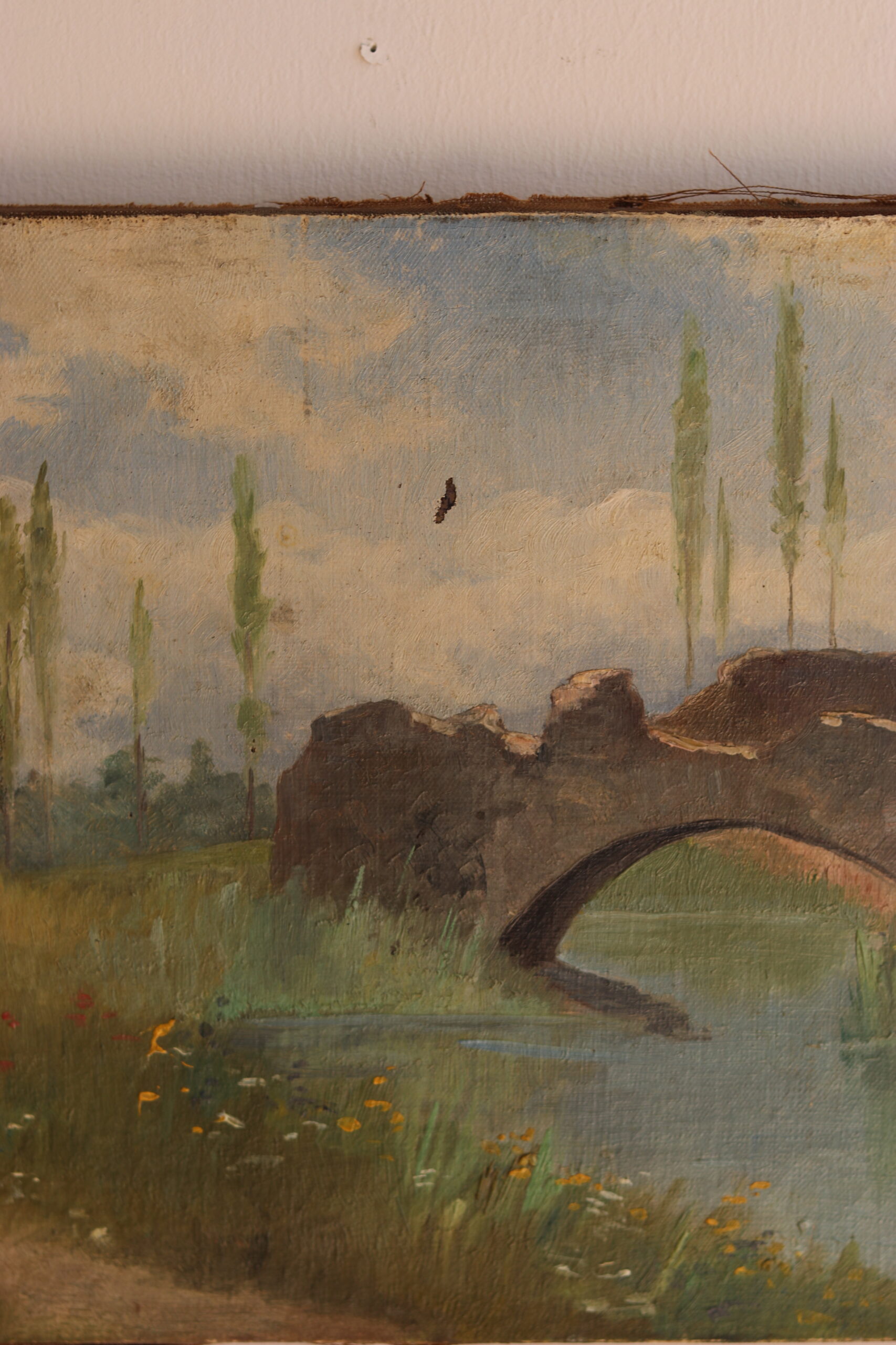 Huile sur toile – Paysage au pont en ruine, début XXe siècle – Image 3