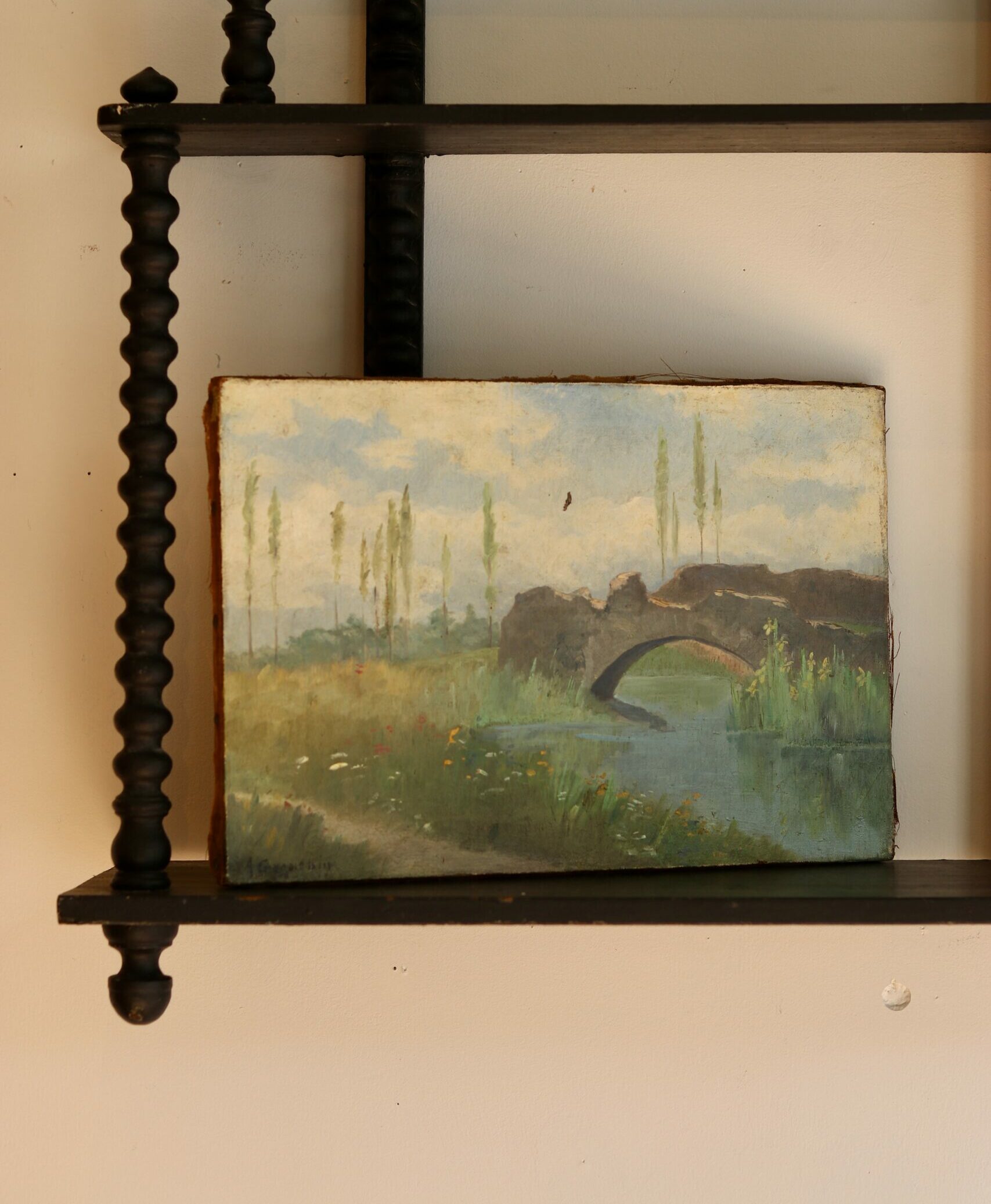 Huile sur toile – Paysage au pont en ruine, début XXe siècle