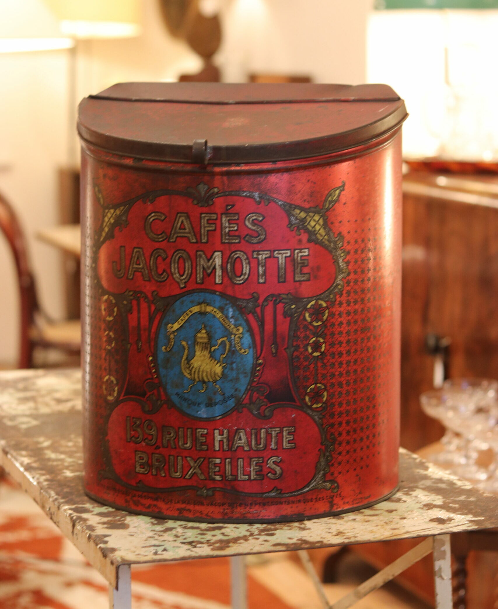 Boîte à café Jacqmotte en tôle lithographiée, début XXe siècle