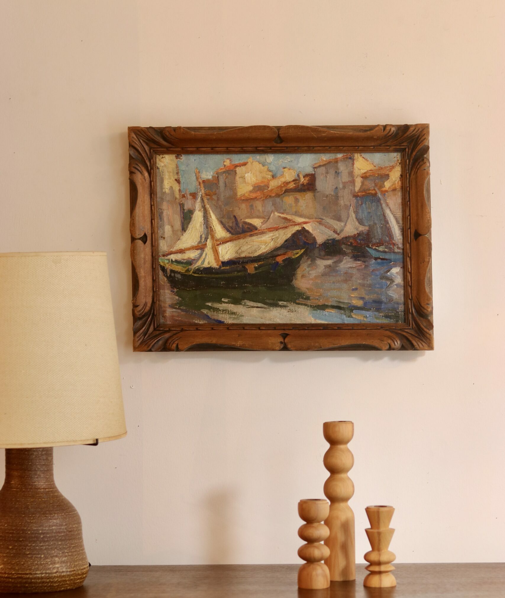 Vue de port, école belge, vers 1930.